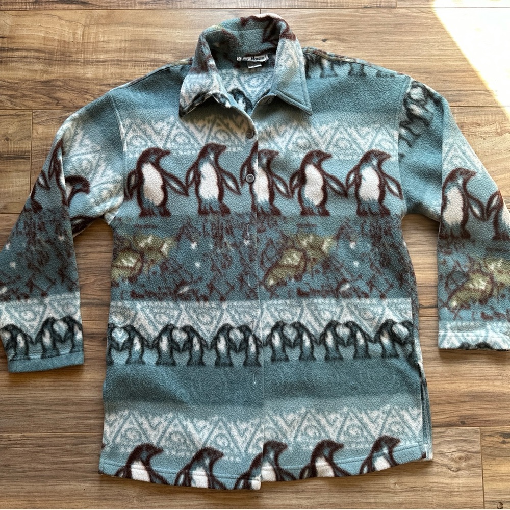 Vintage All-over Penguin Print Fleece Button Up Shacket Shirt Jacket Nature Sz 8